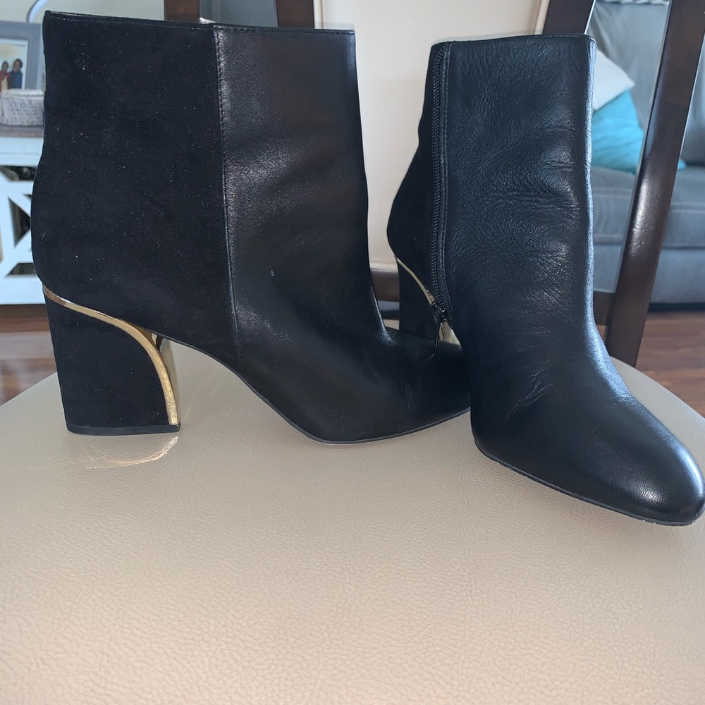 INC Ankle boots, black leather/suede with gold trim at heel. UEC